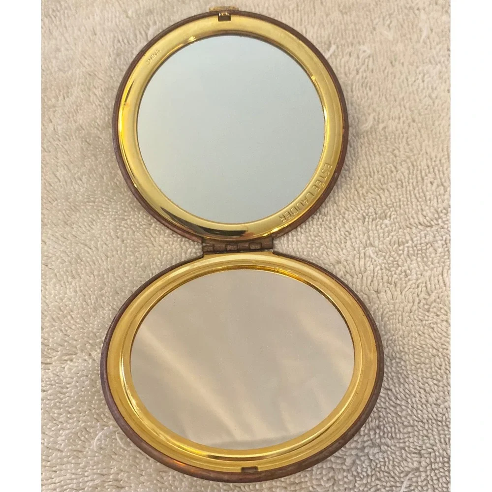 Estee Lauder Vintage Folding Compact Mirror Gold Tone Amber Brown Enamel Round